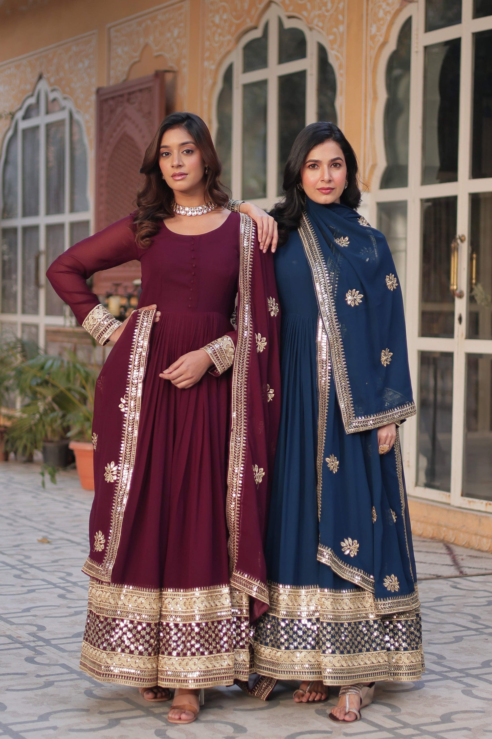 Sonakshi Women's Blue & Wine Faux Blooming Sequins Zari Embroidered Combo Anarkali Sets - Swadesiicart