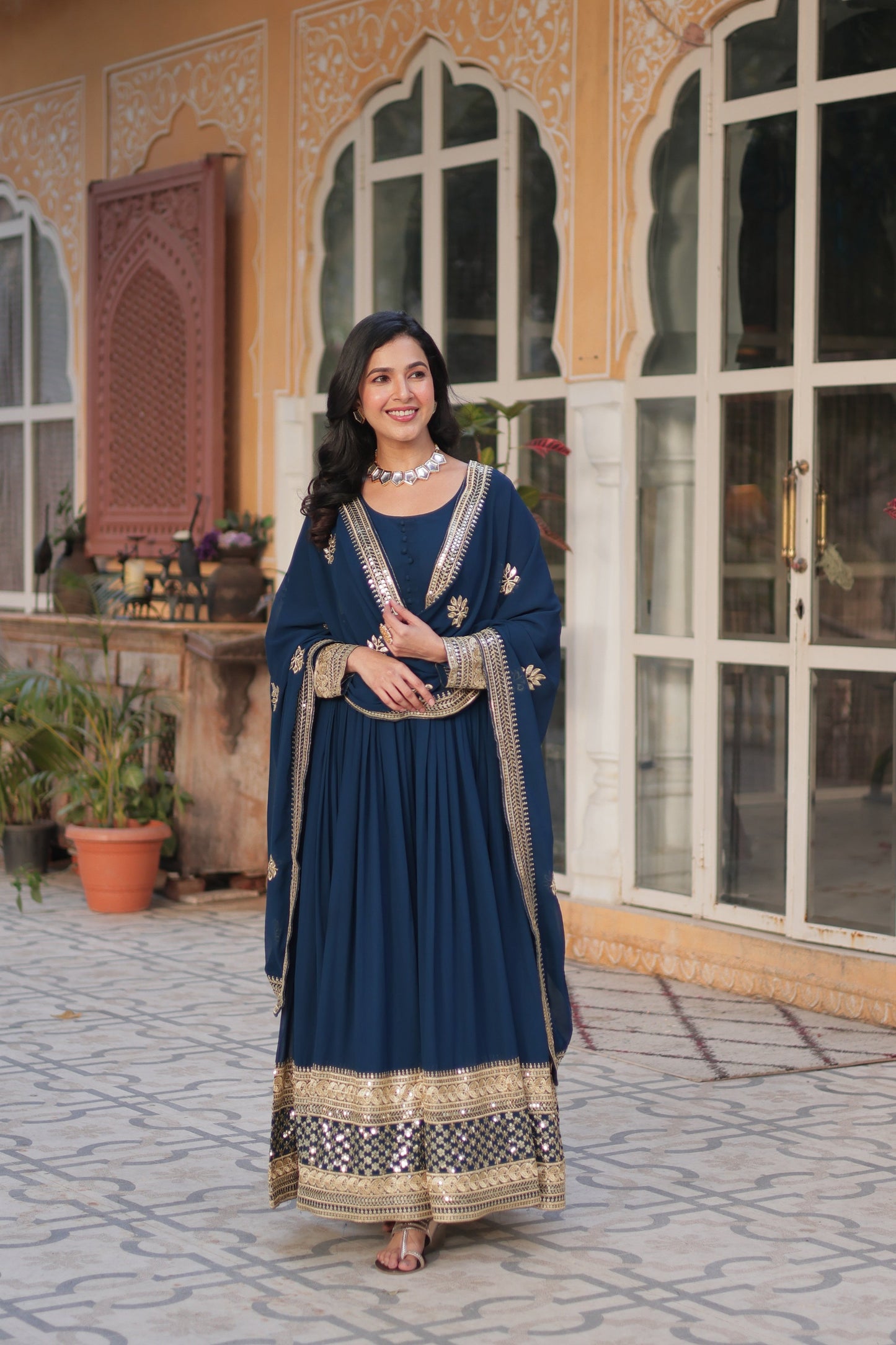 Jyoti Fashion Women's Blue Faux Blooming Sequins Zari Embroidered Long Anarkali Sets | Swadesiicart