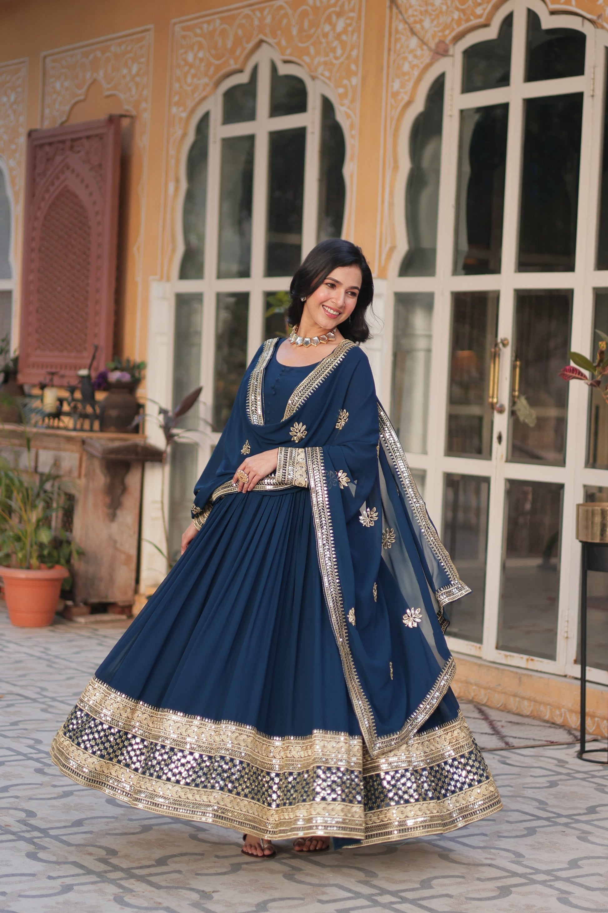 Sonakshi Women's Blue Faux Blooming Sequins Zari Embroidered Long Anarkali Sets - Swadesiicart