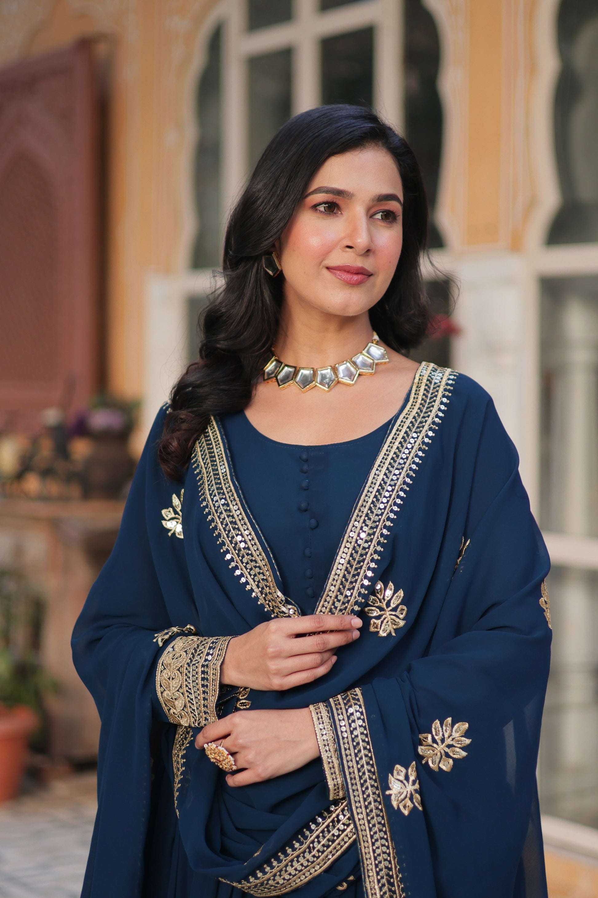 Jyoti Fashion Women's Blue Faux Blooming Sequins Zari Embroidered Long Anarkali Sets | Swadesiicart