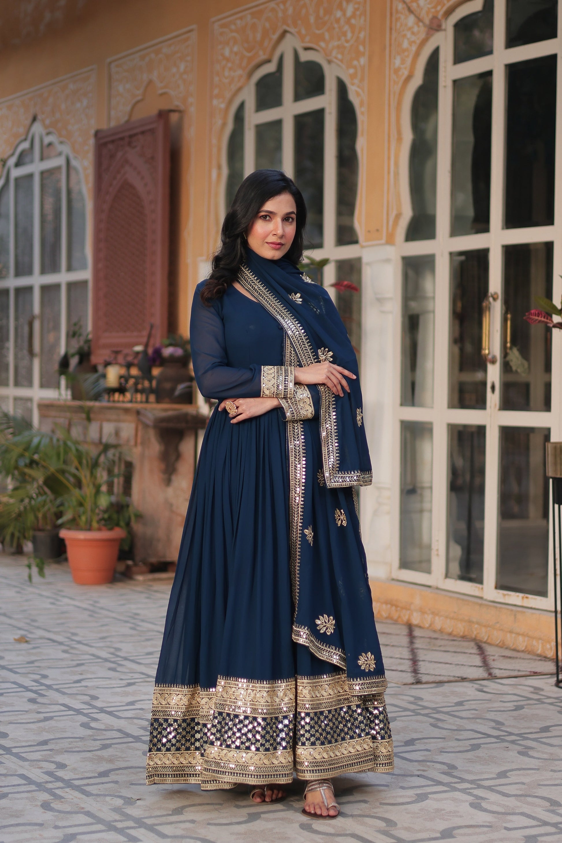 Sonakshi Women's Blue Faux Blooming Sequins Zari Embroidered Long Anarkali Sets - Swadesiicart