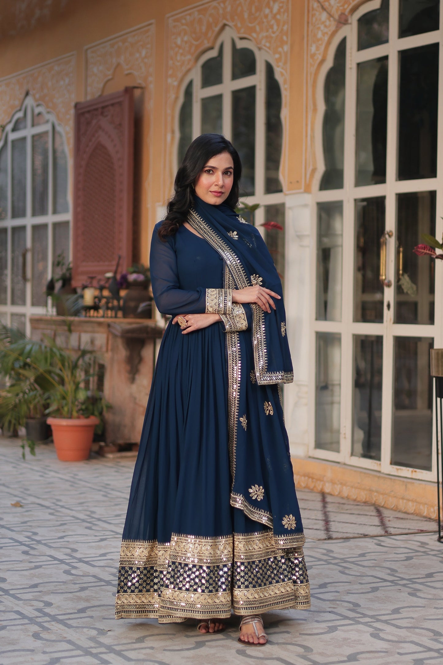 Jyoti Fashion Women's Blue Faux Blooming Sequins Zari Embroidered Long Anarkali Sets | Swadesiicart