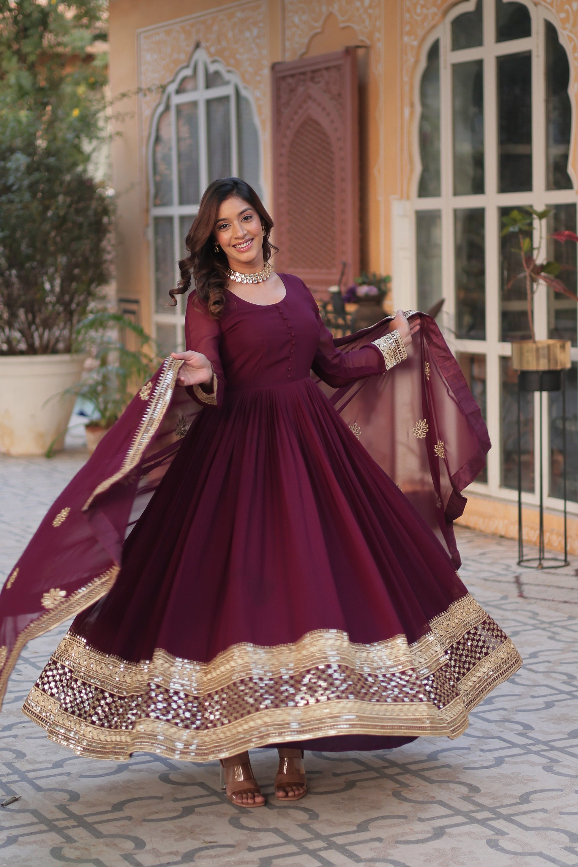 Jyoti Fashion Women's Wine Faux Blooming Sequins Zari Embroidered Long Anarkali Sets | Swadesiicart