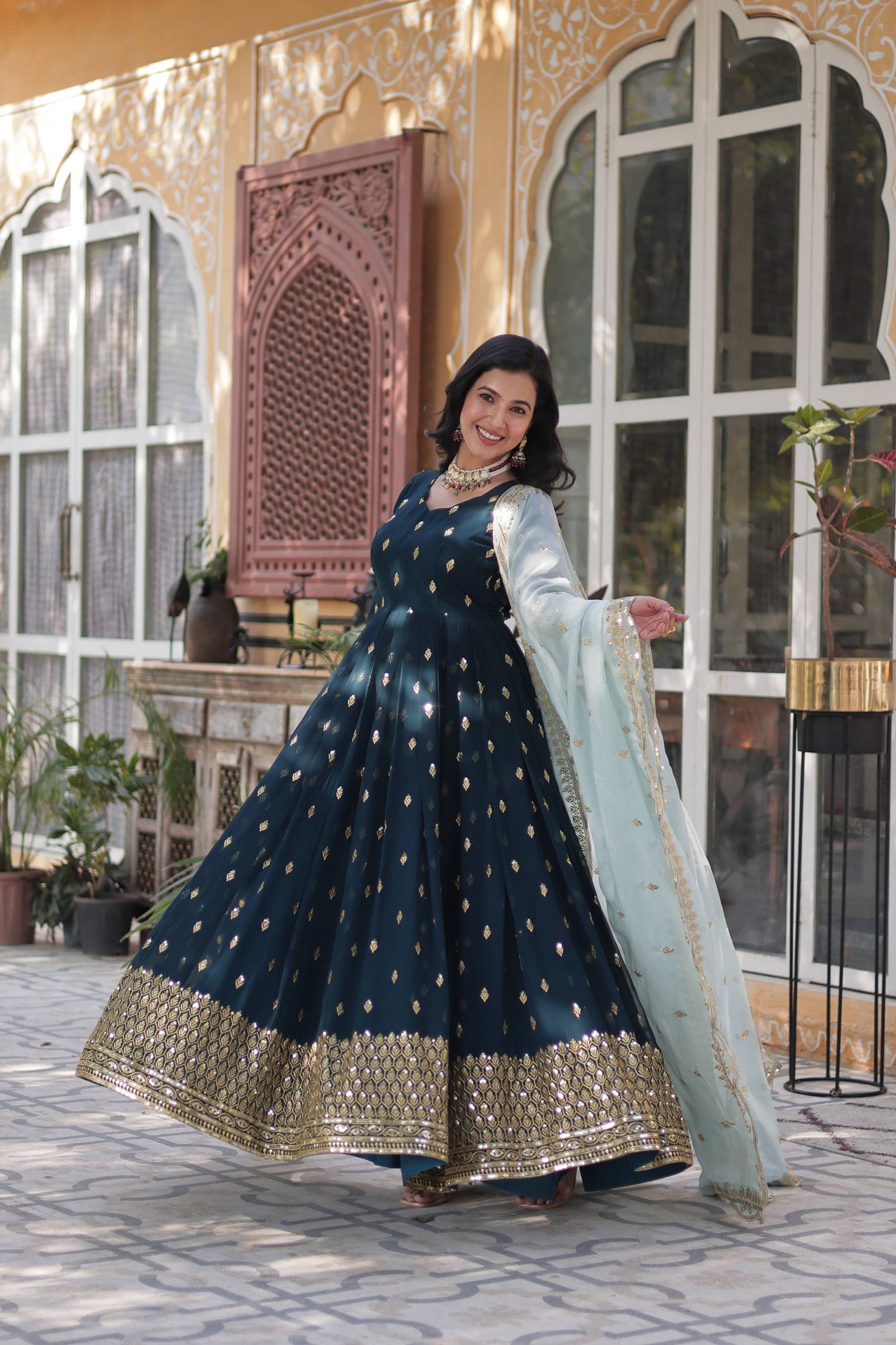 Jyoti Fashion Women's Bottle Green Faux Blooming Sequins Zari Embroidered Long Anarkali Sets | Swadesiicart
