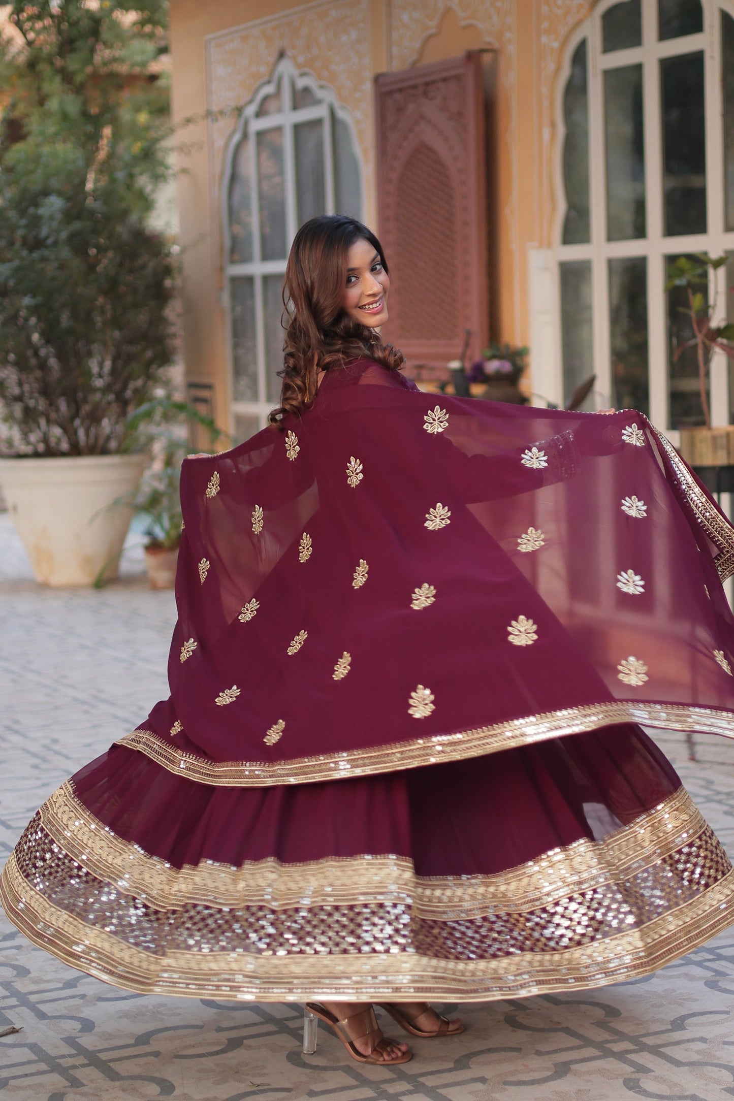 Jyoti Fashion Women's Wine Faux Blooming Sequins Zari Embroidered Long Anarkali Sets | Swadesiicart