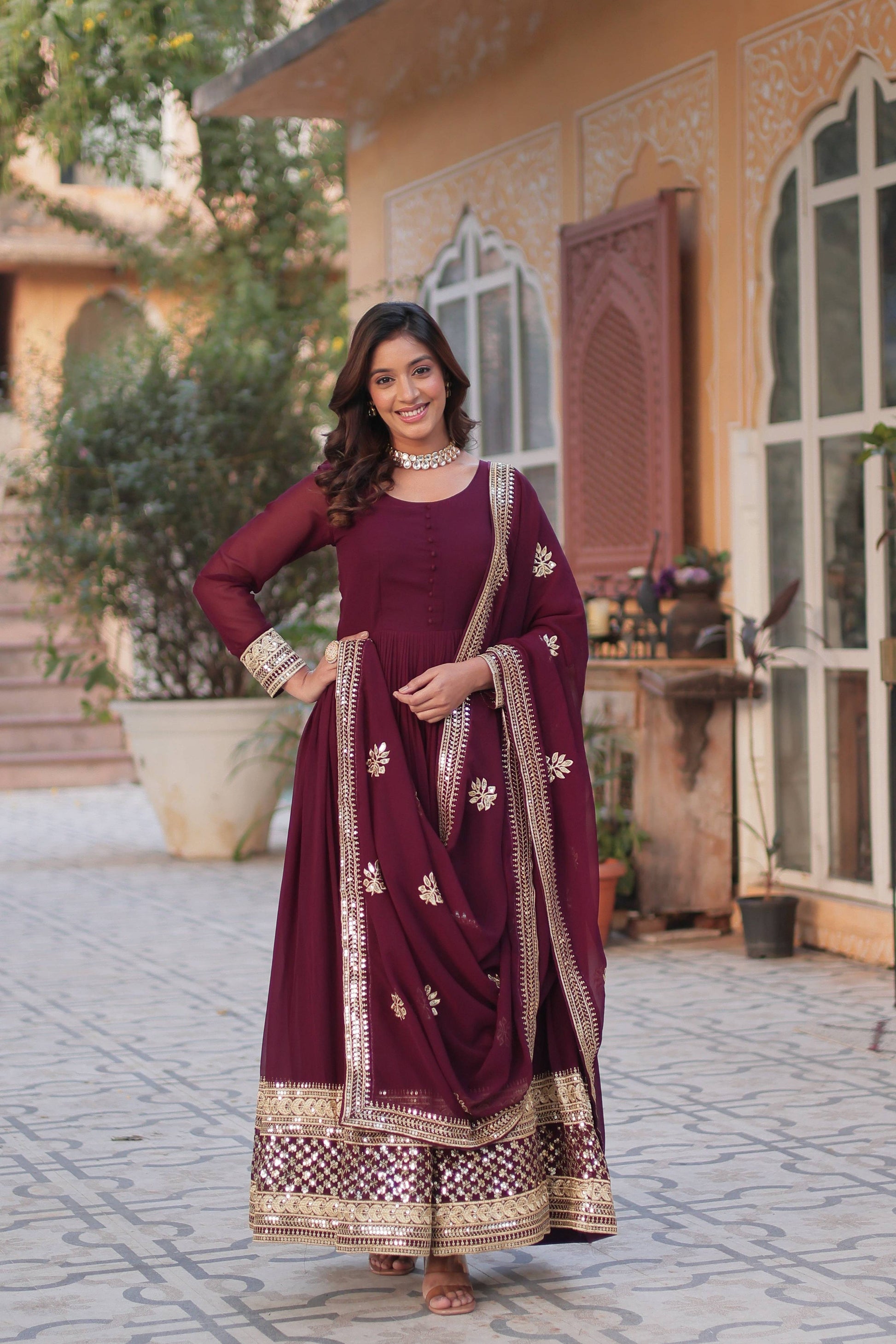 Jyoti Fashion Women's Wine Faux Blooming Sequins Zari Embroidered Long Anarkali Sets | Swadesiicart