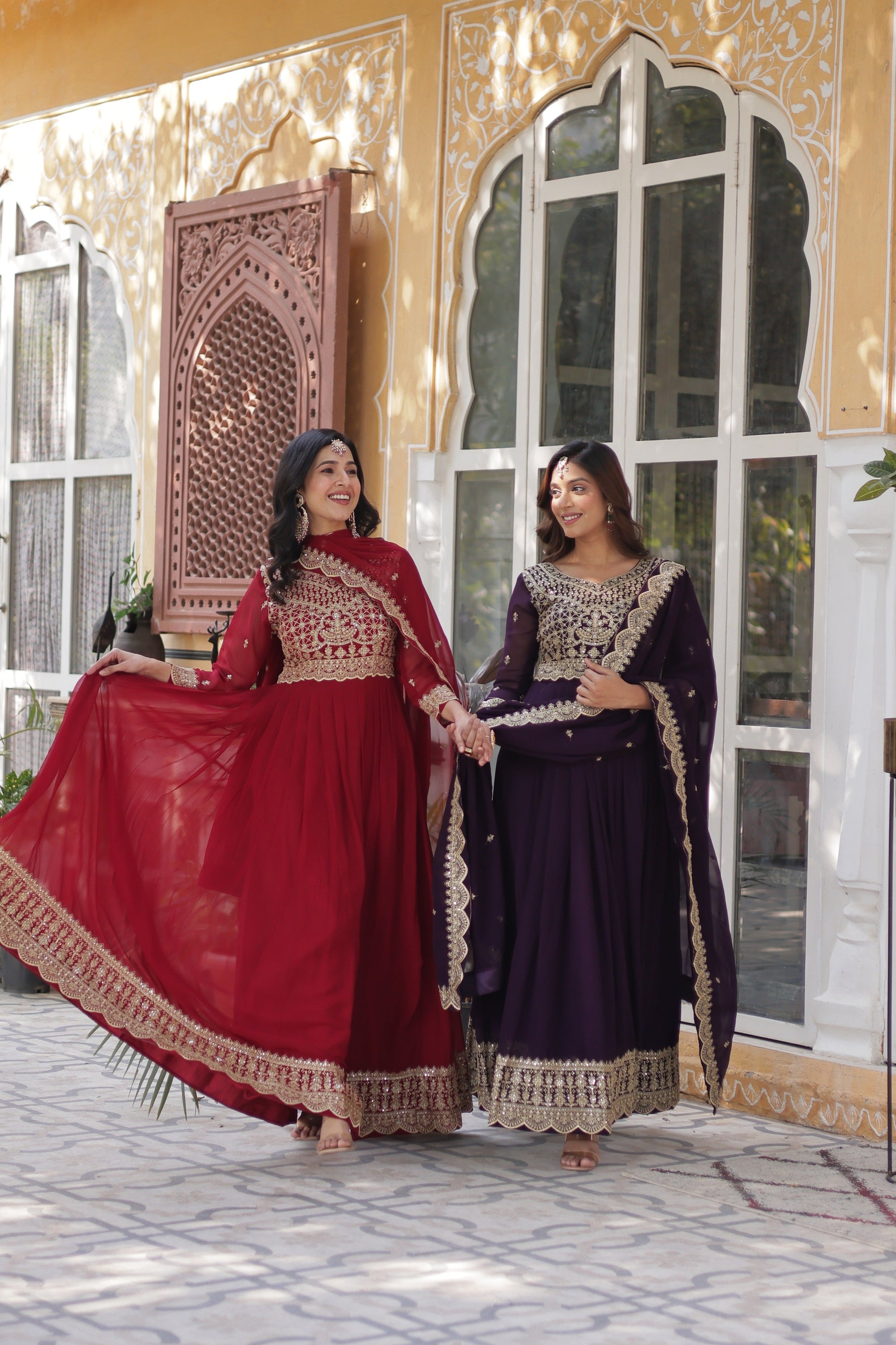 Jyoti Fashion Women's Maroon & Wine Faux Blooming Sequins Zari Embroidered Combo Anarkali Sets | Swadesiicart