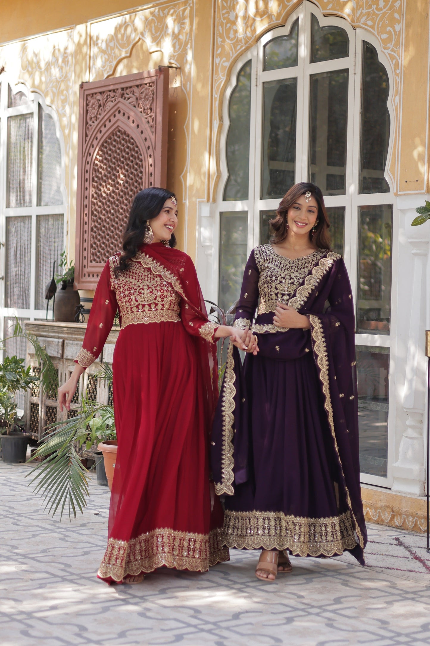 Jyoti Fashion Women's Maroon & Wine Faux Blooming Sequins Zari Embroidered Combo Anarkali Sets | Swadesiicart