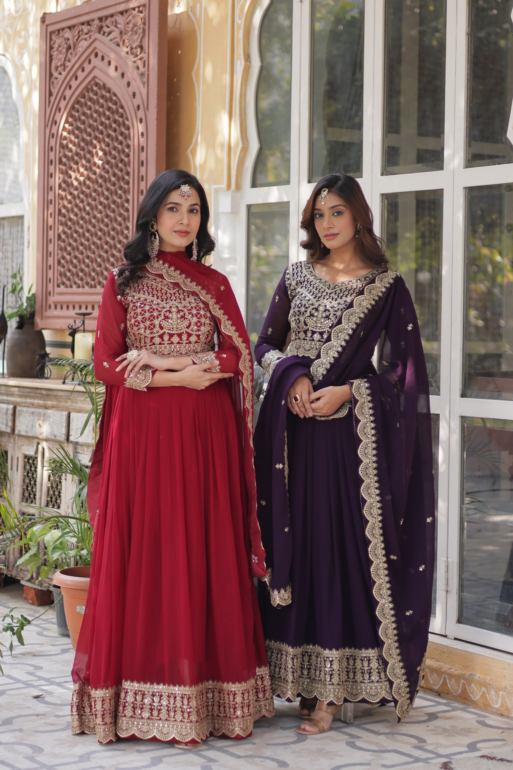Jyoti Fashion Women's Maroon & Wine Faux Blooming Sequins Zari Embroidered Combo Anarkali Sets | Swadesiicart