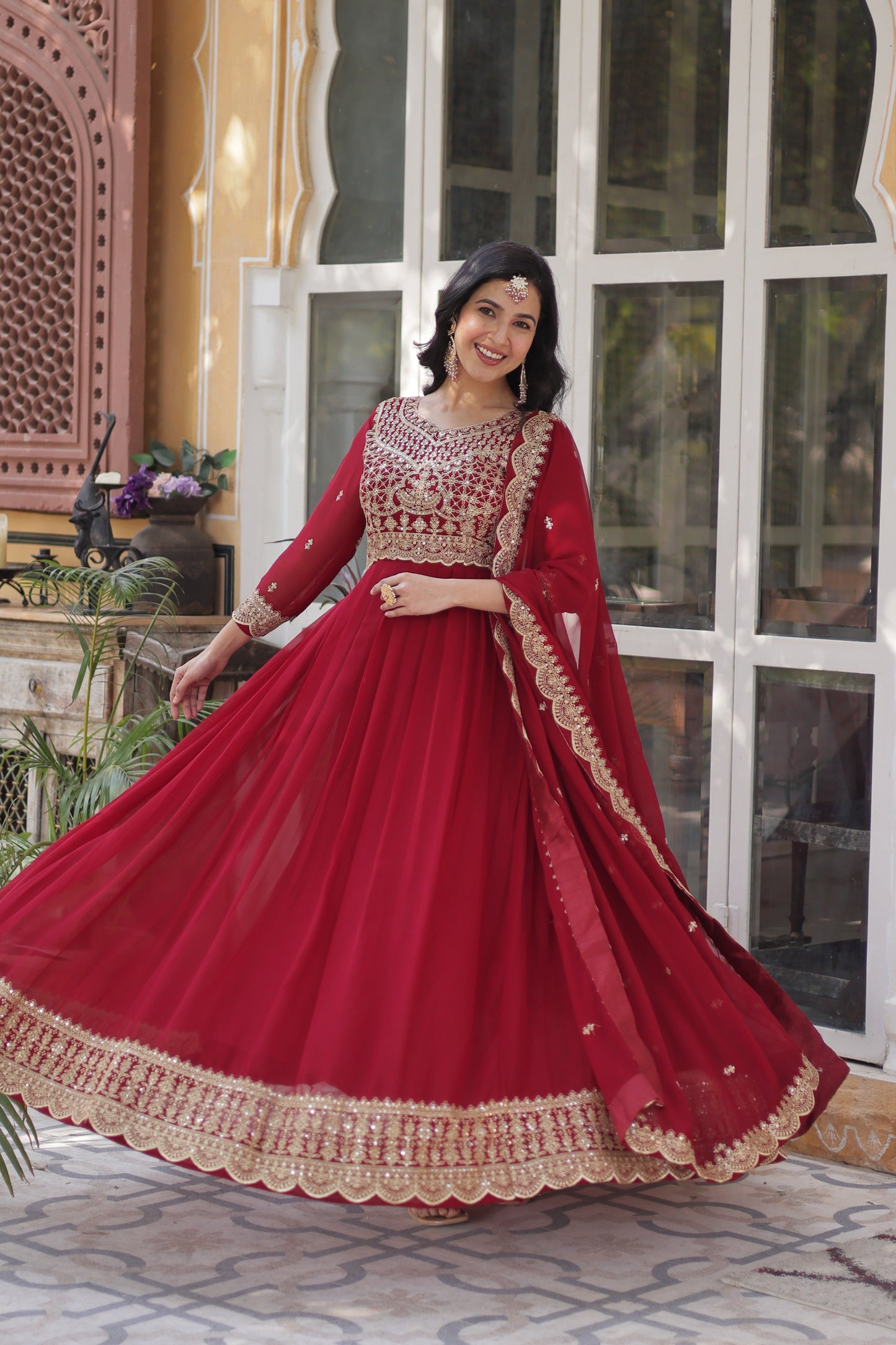 Jyoti Fashion Women's Maroon Faux Blooming Sequins Zari Embroidered Long Anarkali Sets | Swadesiicart