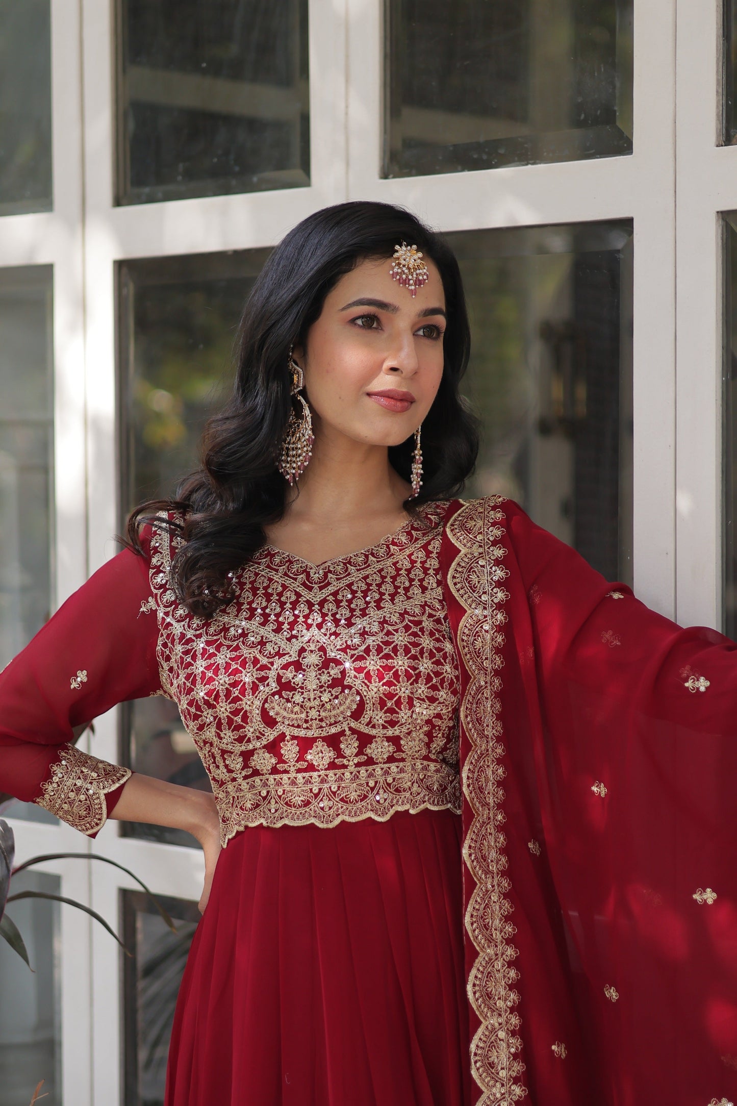 Jyoti Fashion Women's Maroon Faux Blooming Sequins Zari Embroidered Long Anarkali Sets | Swadesiicart