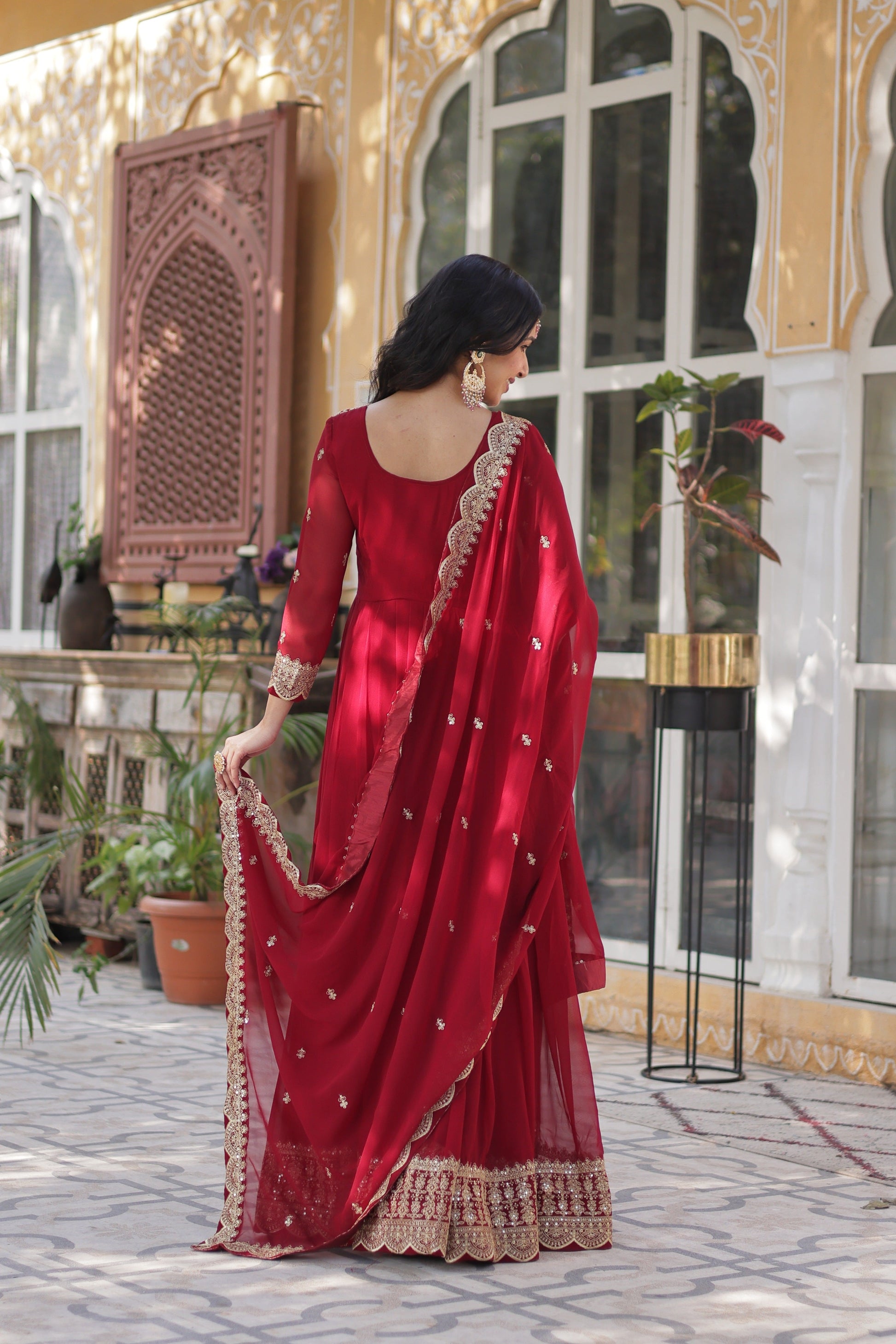 Jyoti Fashion Women's Maroon Faux Blooming Sequins Zari Embroidered Long Anarkali Sets | Swadesiicart