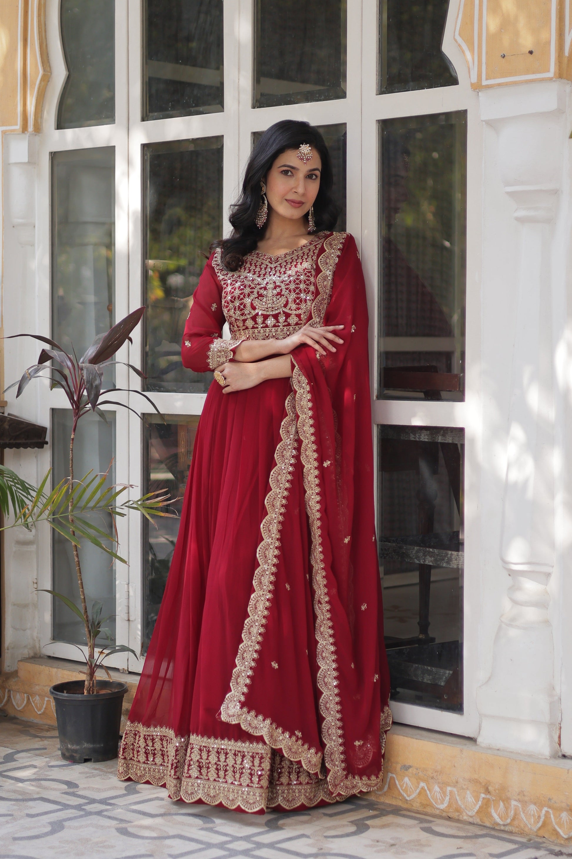 Jyoti Fashion Women's Maroon Faux Blooming Sequins Zari Embroidered Long Anarkali Sets | Swadesiicart