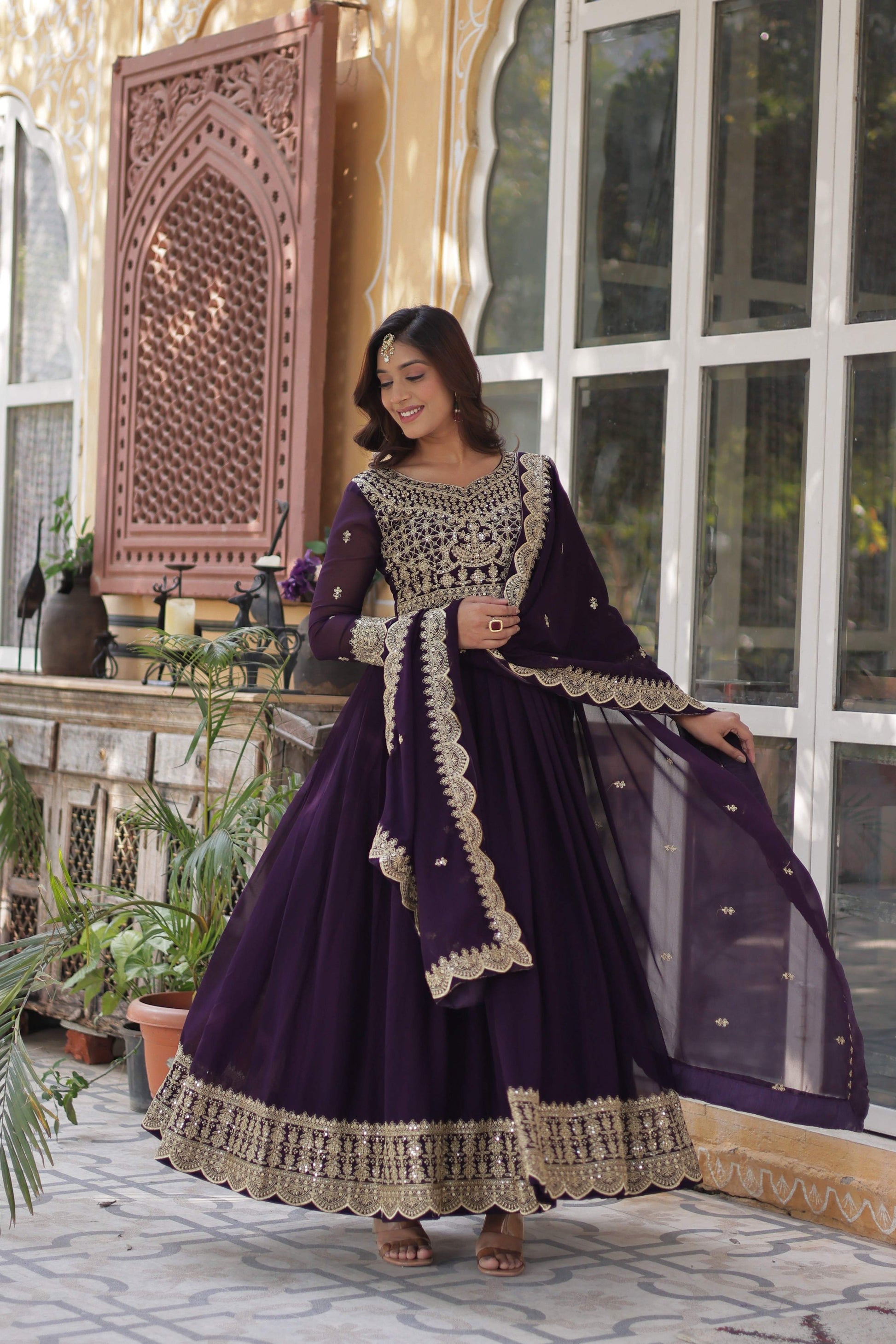 Jyoti Fashion Women's Wine Faux Blooming Sequins Zari Embroidered Long Anarkali Sets | Swadesiicart
