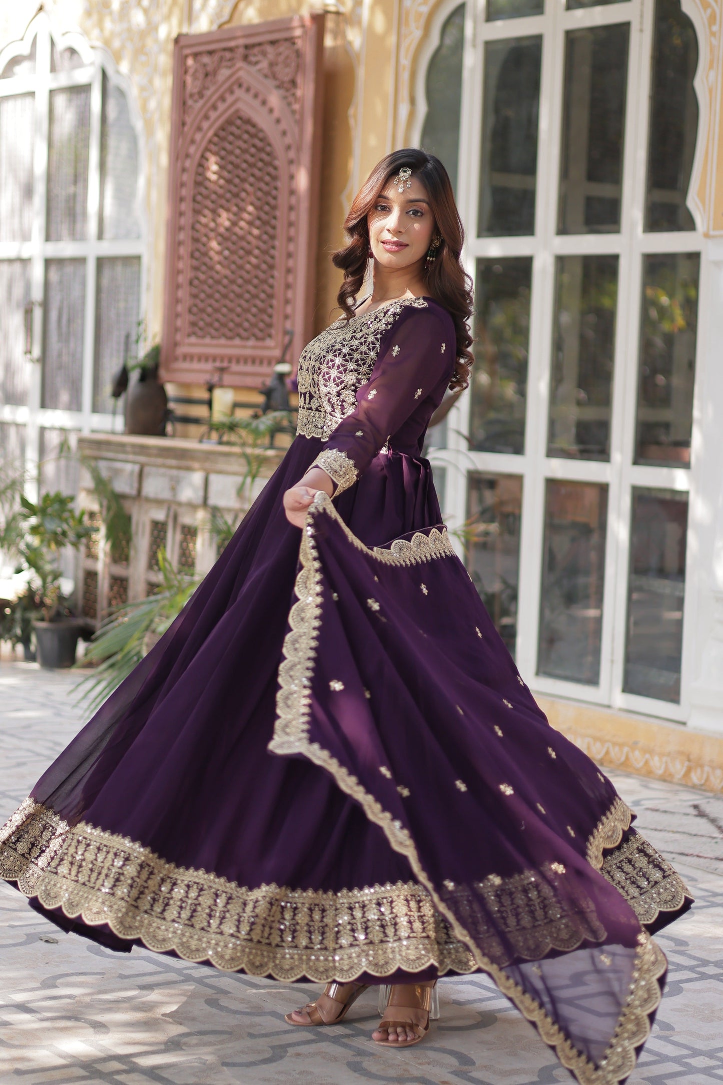 Jyoti Fashion Women's Wine Faux Blooming Sequins Zari Embroidered Long Anarkali Sets | Swadesiicart