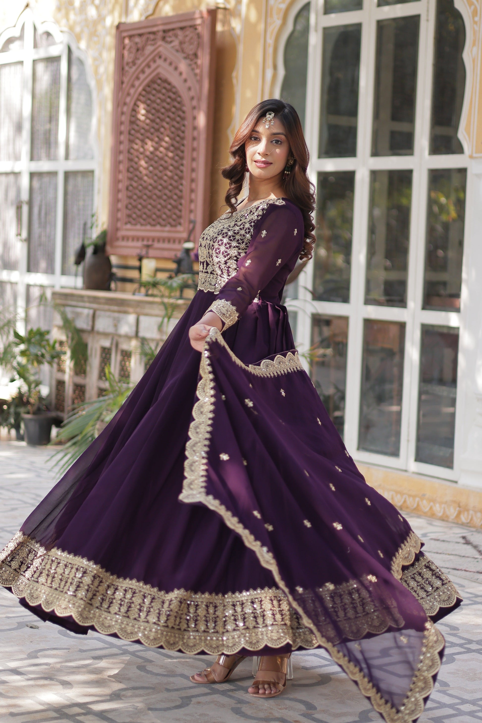 Jyoti Fashion Women's Wine Faux Blooming Sequins Zari Embroidered Long Anarkali Sets | Swadesiicart