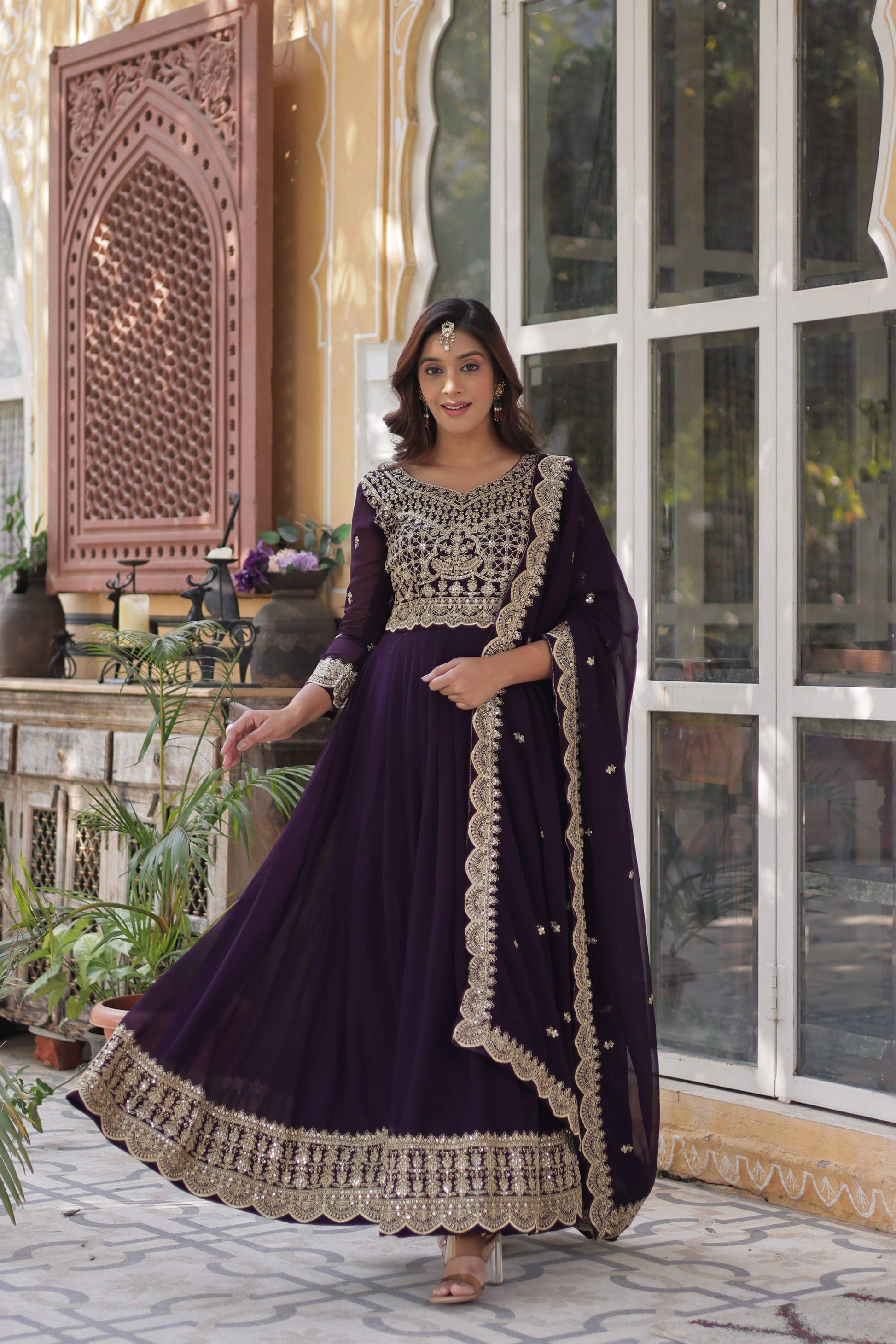 Jyoti Fashion Women's Wine Faux Blooming Sequins Zari Embroidered Long Anarkali Sets | Swadesiicart