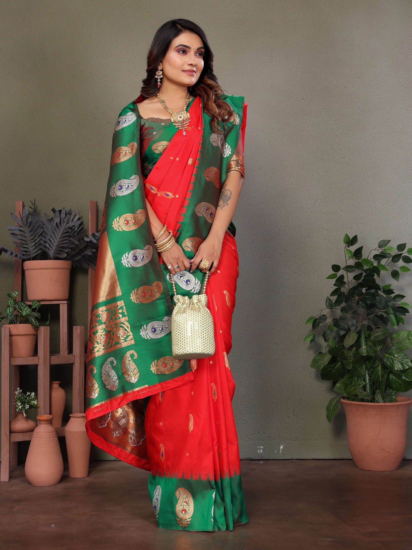 Sonakshi Women's Red Banarasi Silk Zari Woven Traditional Saree with Blouse | Swadesiicart