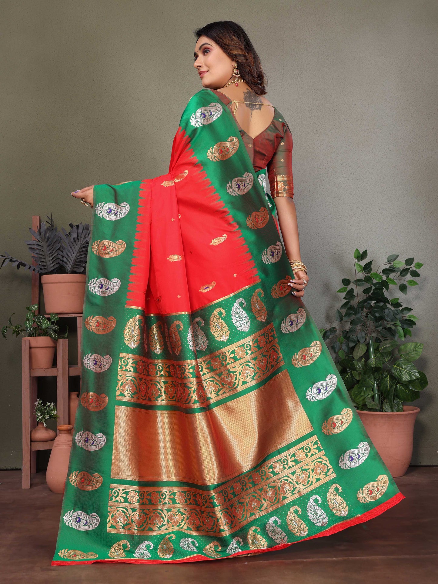 Sonakshi Women's Red Banarasi Silk Zari Woven Traditional Saree with Blouse | Swadesiicart