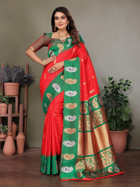 Sonakshi Women's Red Banarasi Silk Zari Woven Traditional Saree with Blouse | Swadesiicart