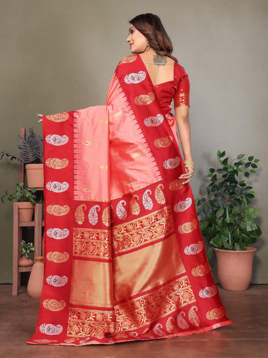Sonakshi Women's Pink Banarasi Silk Zari Woven Traditional Saree with Blouse | Swadesiicart