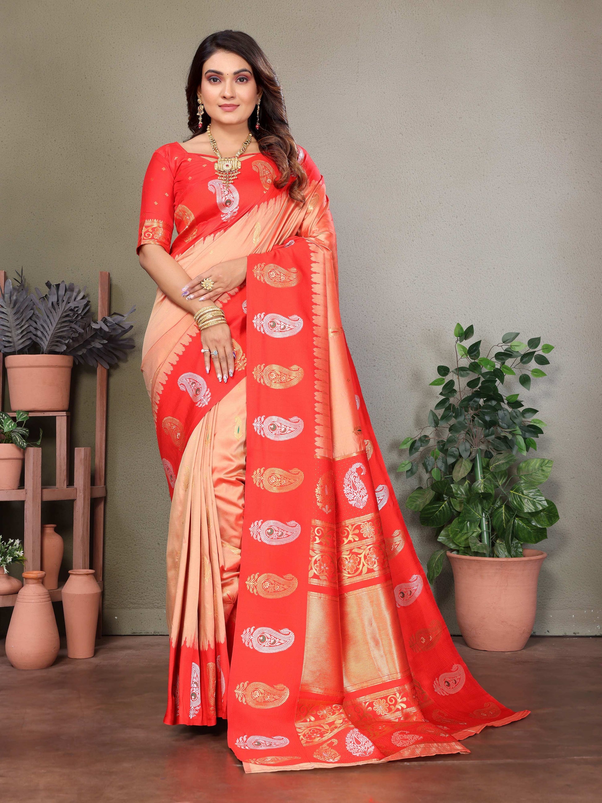 Sonakshi Women's Peach Banarasi Silk Zari Woven Traditional Saree with Blouse | Swadesiicart