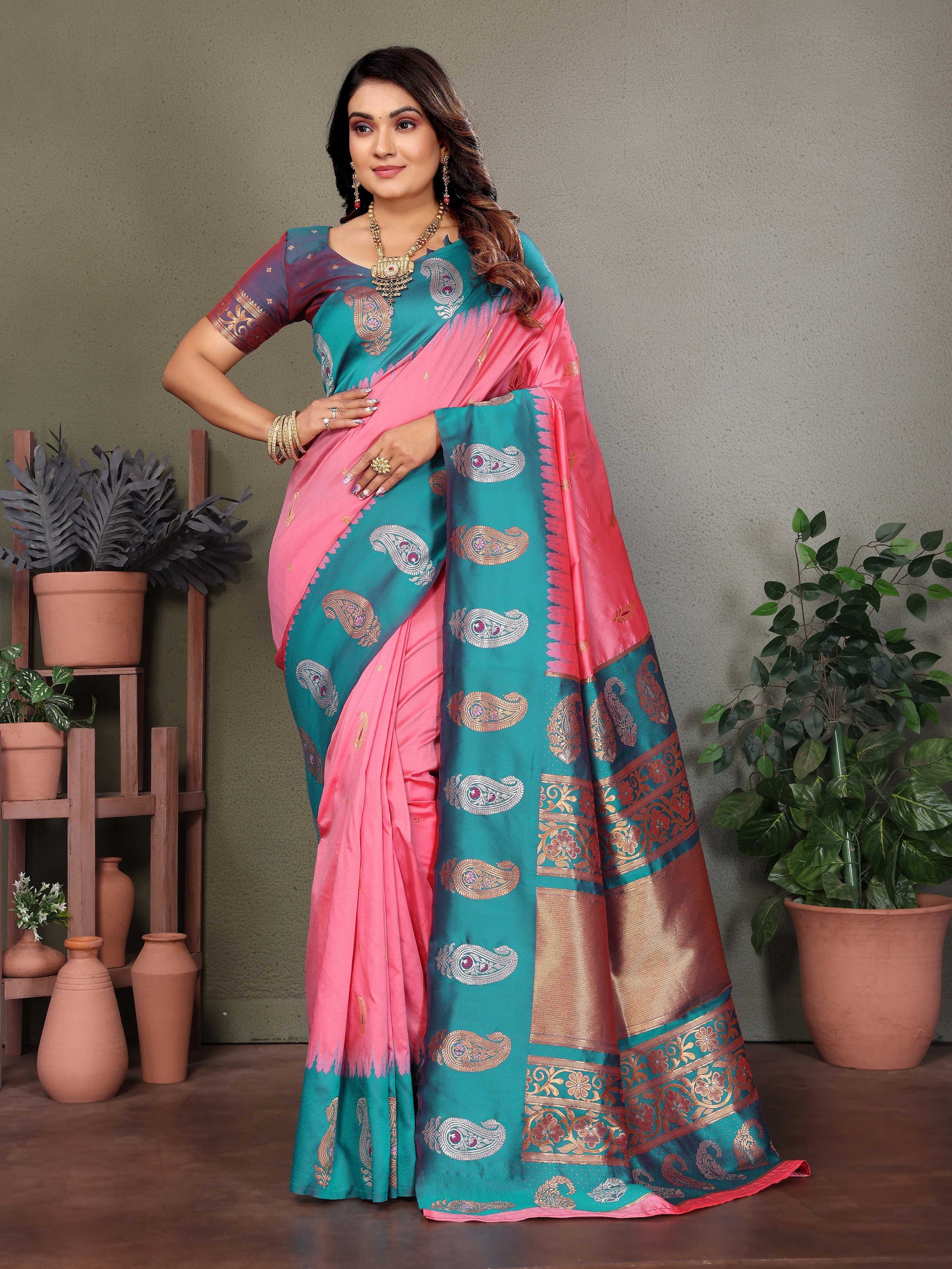 Sonakshi Women's Babypink Banarasi Silk Zari Woven Traditional Saree with Blouse | Swadesiicart