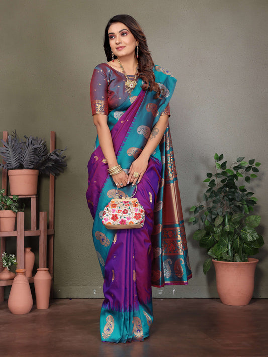 Sonakshi Women's Purple Banarasi Silk Zari Woven Traditional Saree with Blouse | Swadesiicart