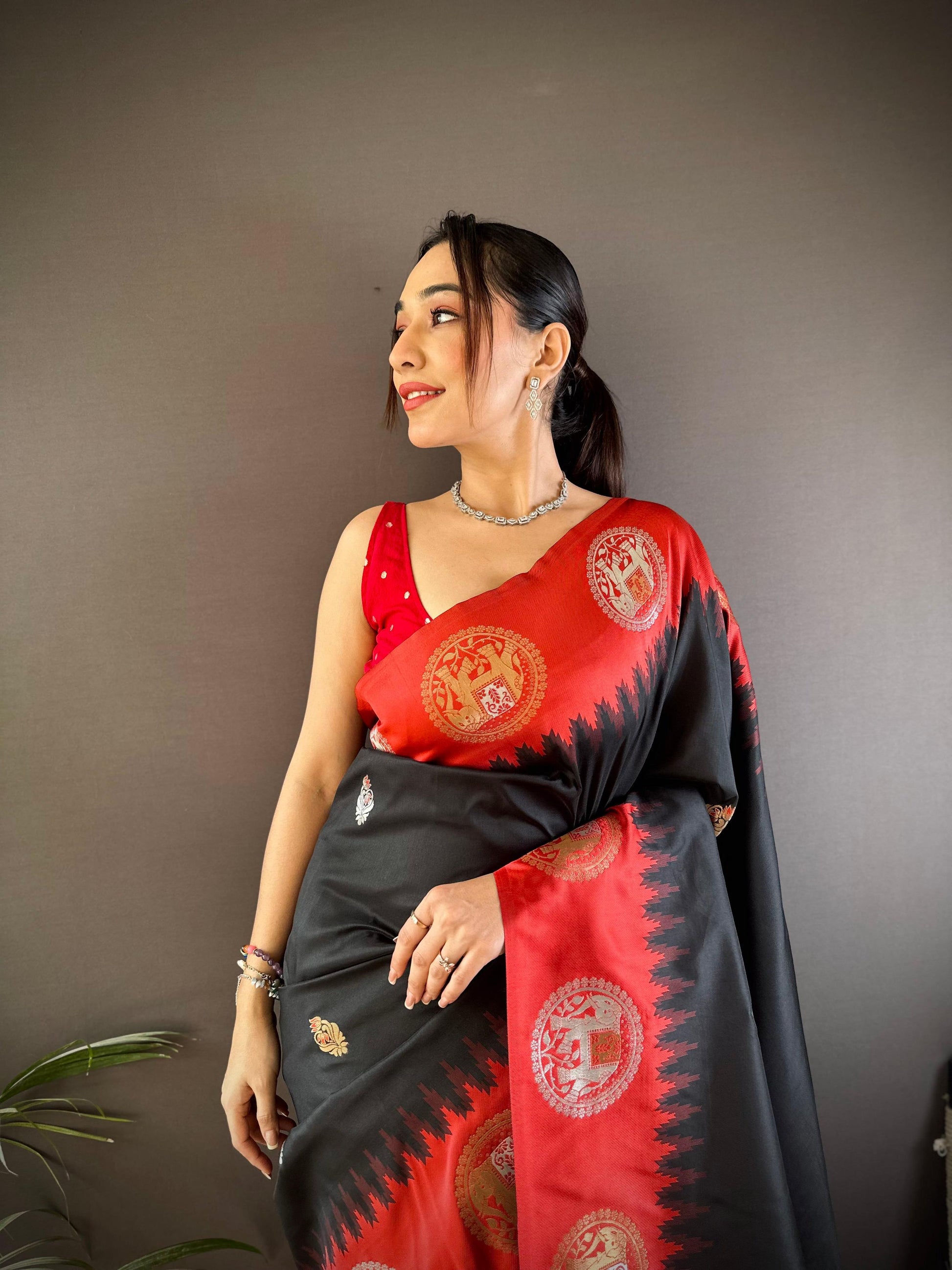 Sonakshi Women's Black Banarasi Silk Zari Woven Traditional Saree with Blouse | Swadesiicart