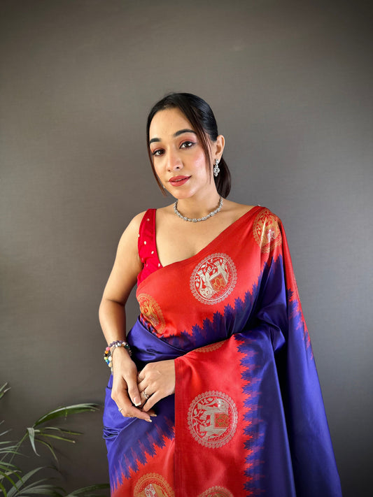Sonakshi Women's Blue Banarasi Silk Zari Woven Traditional Saree with Blouse | Swadesiicart