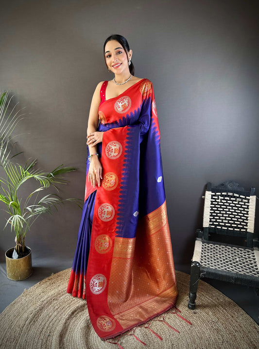 Sonakshi Women's Blue Banarasi Silk Zari Woven Traditional Saree with Blouse | Swadesiicart