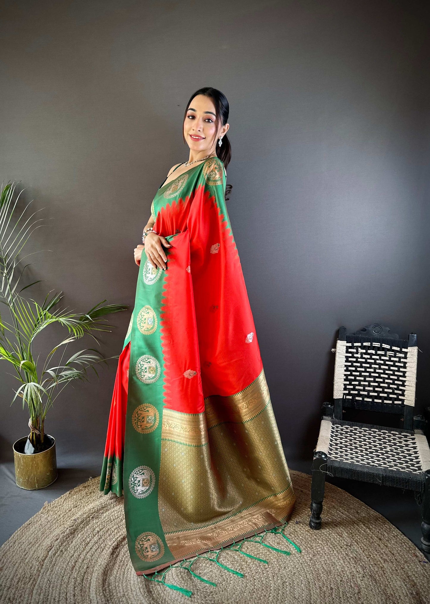 Sonakshi Women's Red Banarasi Silk Zari Woven Traditional Saree with Blouse | Swadesiicart