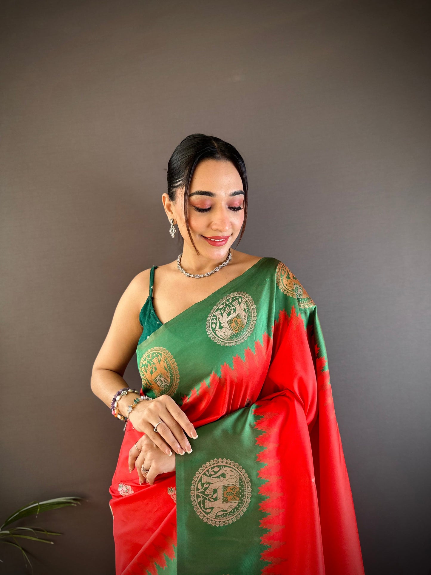 Sonakshi Women's Red Banarasi Silk Zari Woven Traditional Saree with Blouse | Swadesiicart
