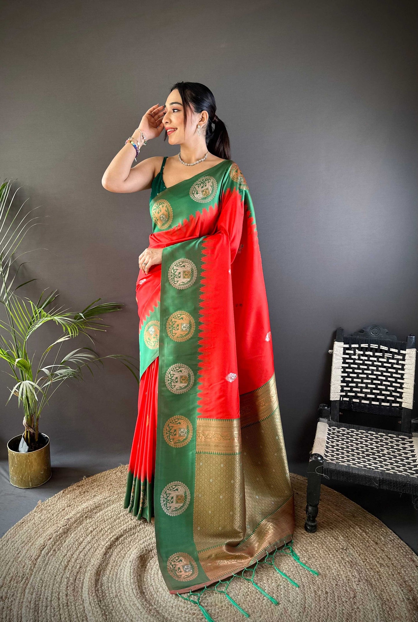 Sonakshi Women's Red Banarasi Silk Zari Woven Traditional Saree with Blouse | Swadesiicart