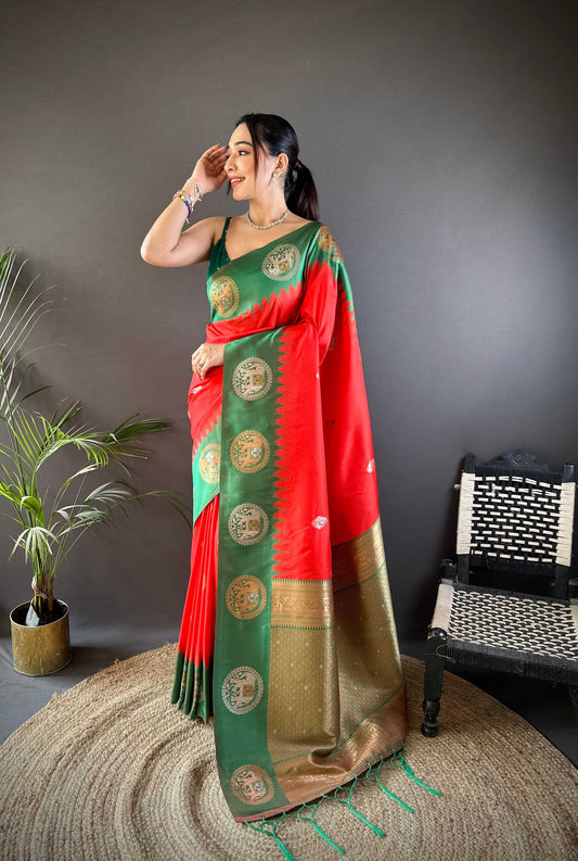 Sonakshi Women's Red Banarasi Silk Zari Woven Traditional Saree with Blouse | Swadesiicart