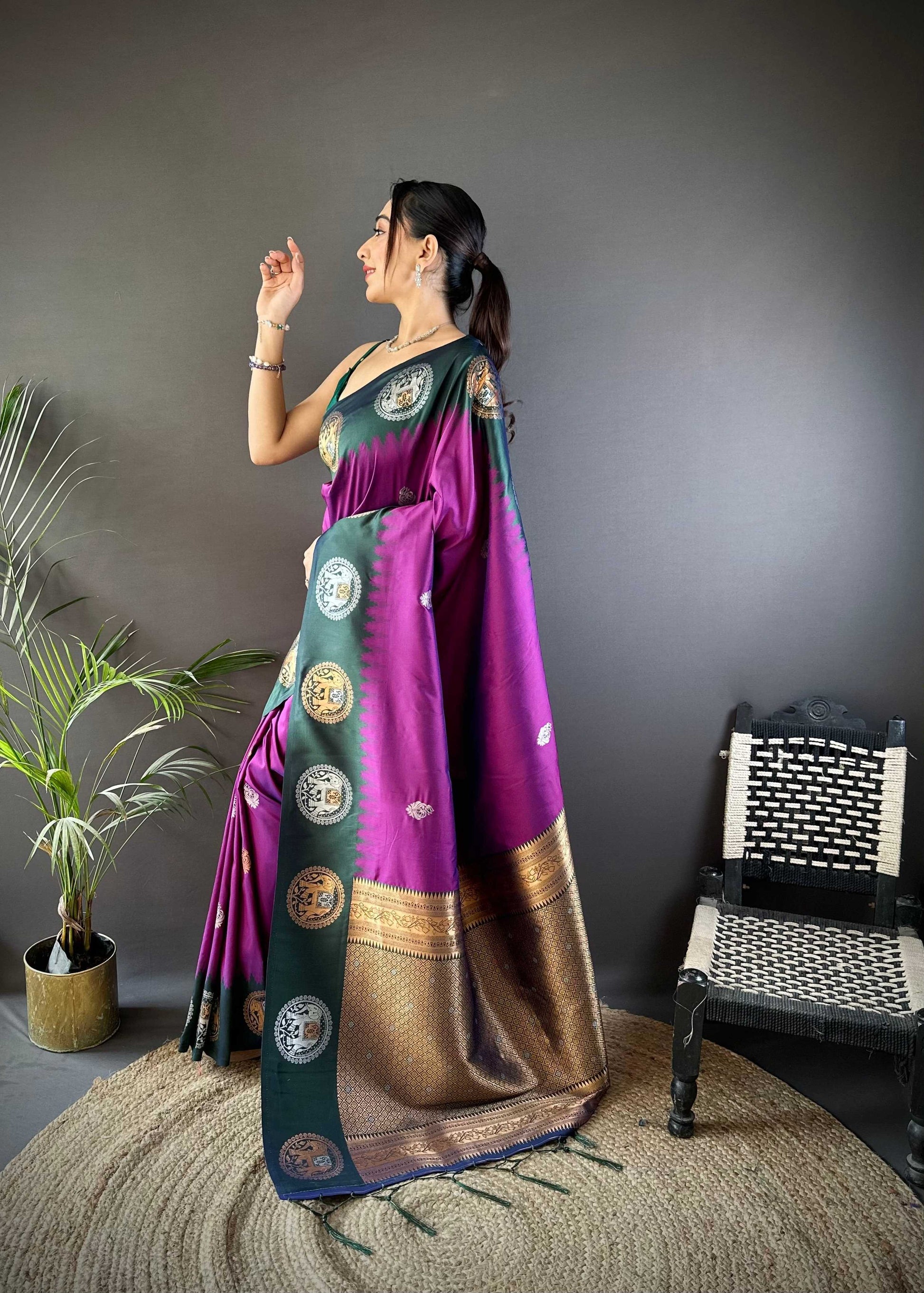 Sonakshi Women's Purple Banarasi Silk Zari Woven Traditional Saree with Blouse | Swadesiicart