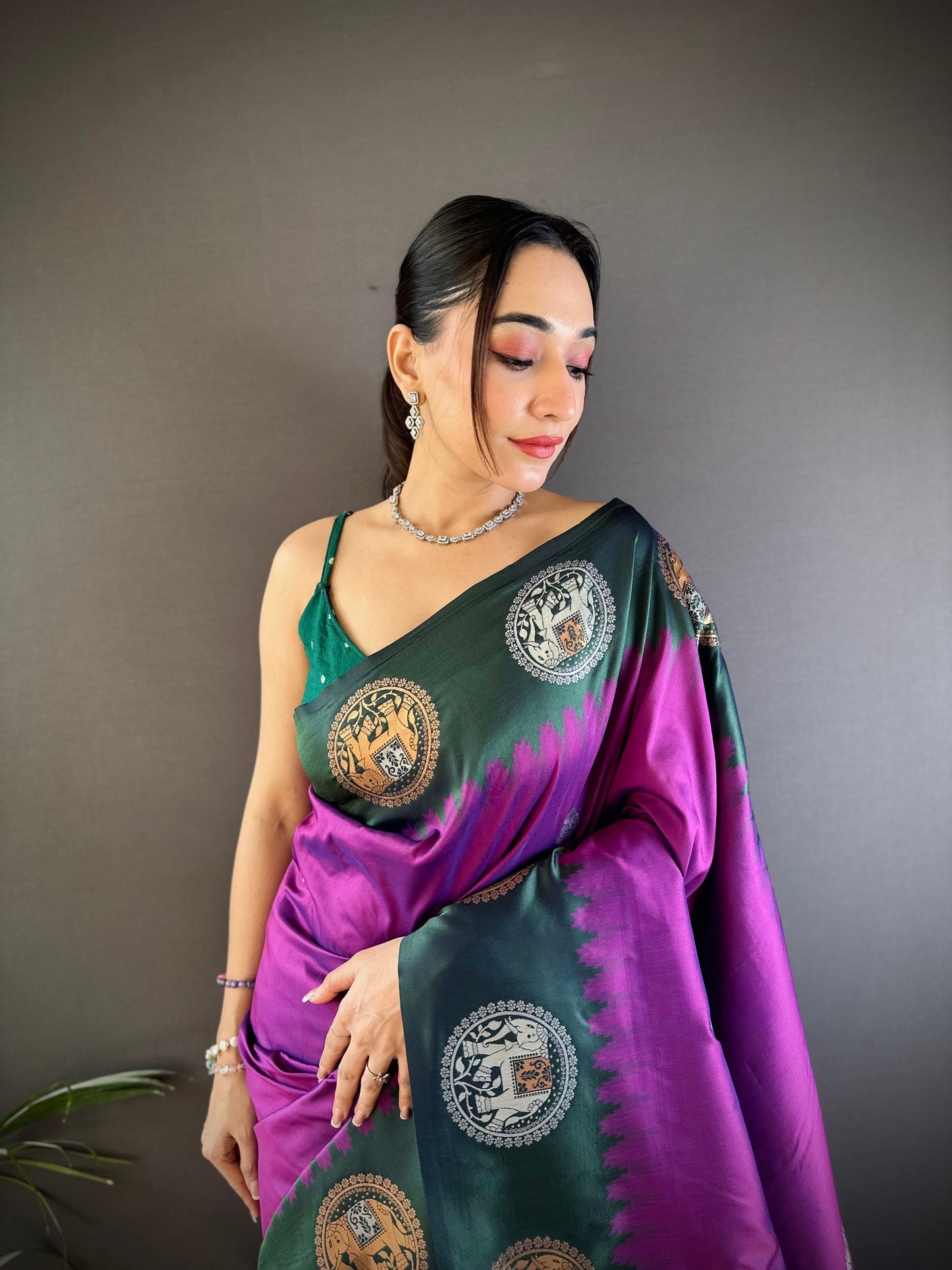 Sonakshi Women's Purple Banarasi Silk Zari Woven Traditional Saree with Blouse | Swadesiicart