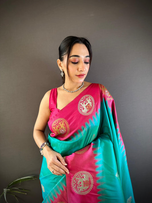 Sonakshi Women's Seagreen Banarasi Silk Zari Woven Traditional Saree with Blouse | Swadesiicart