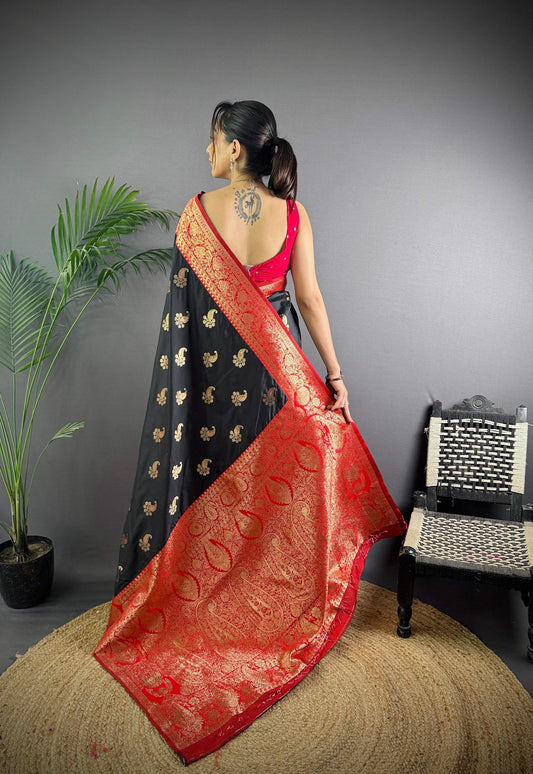 Sonakshi Women's Black Banarasi Silk Zari Woven Traditional Saree with Blouse | Swadesiicart
