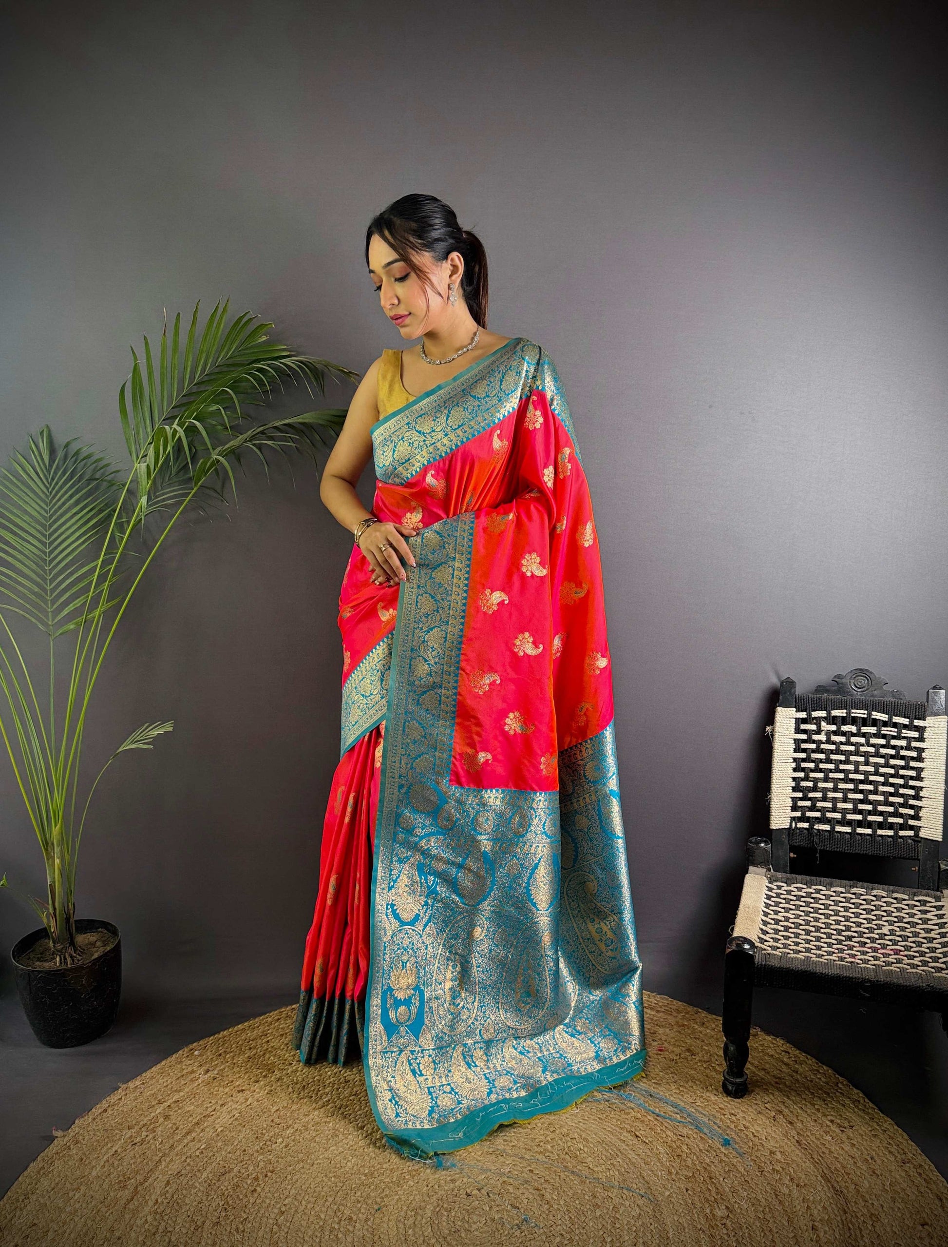Sonakshi Women's Red Banarasi Silk Zari Woven Traditional Saree with Blouse | Swadesiicart