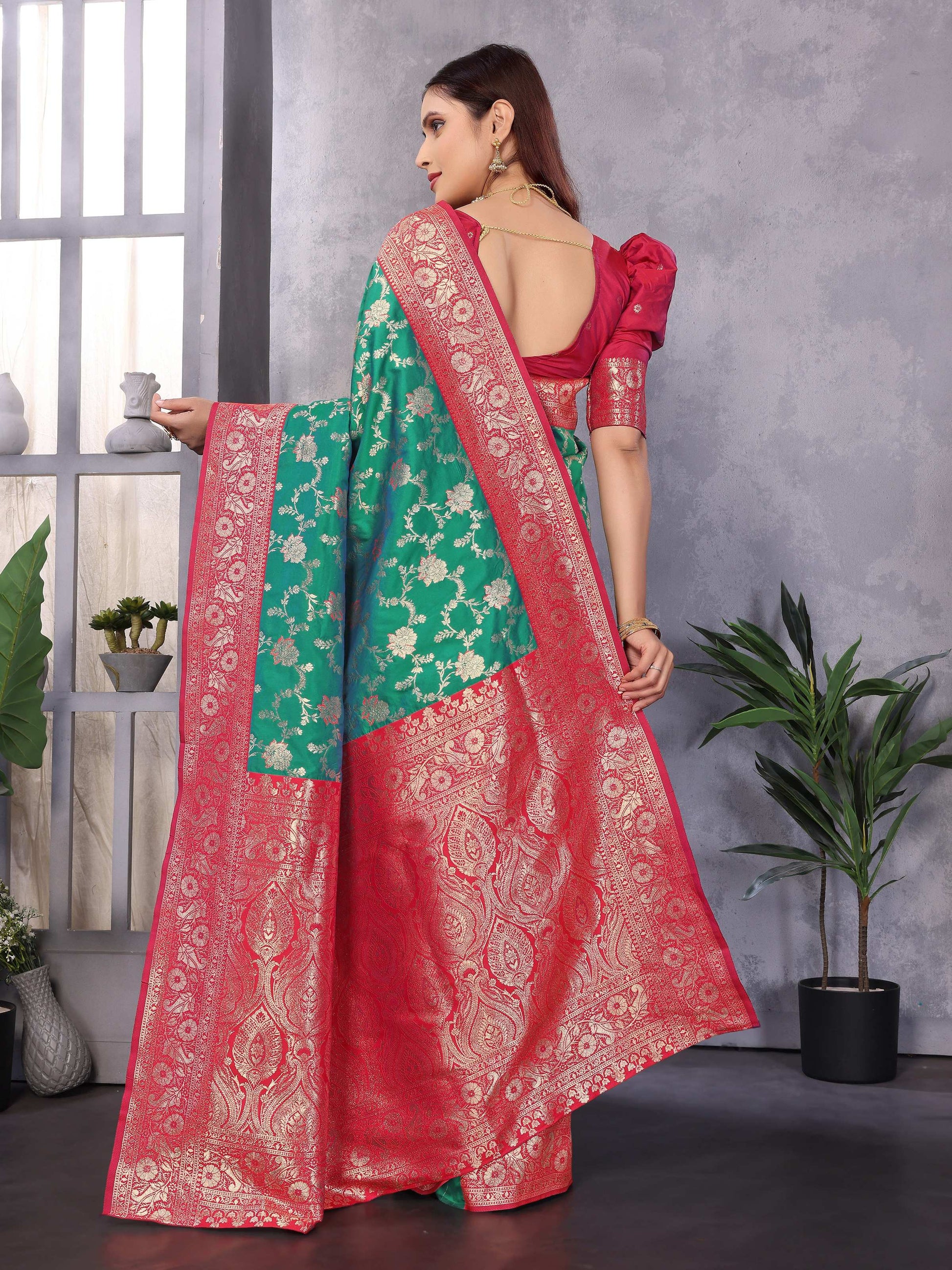 Sonakshi Women's Teal Banarasi Silk Zari Woven Traditional Saree with Blouse | Swadesiicart