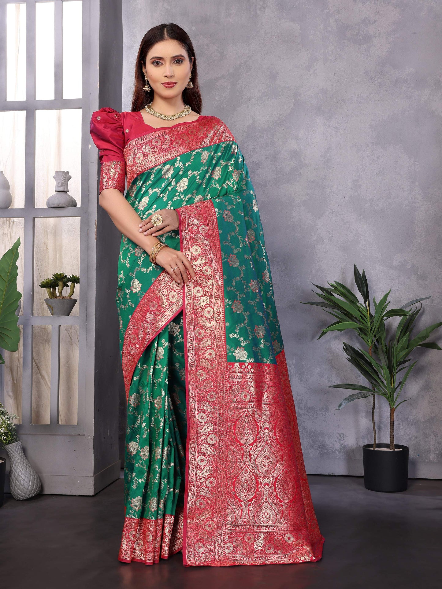Sonakshi Women's Teal Banarasi Silk Zari Woven Traditional Saree with Blouse | Swadesiicart