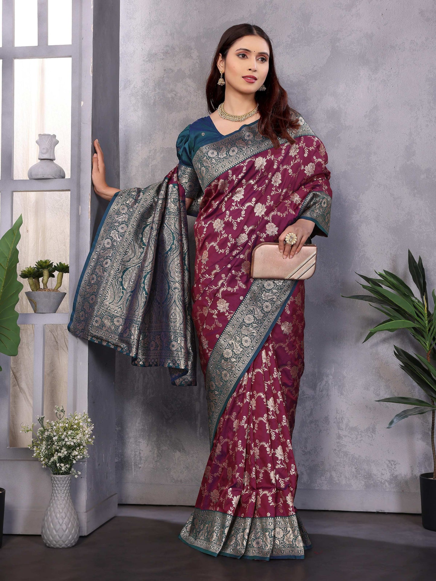 Sonakshi Women's Wine Banarasi Silk Zari Woven Traditional Saree with Blouse | Swadesiicart