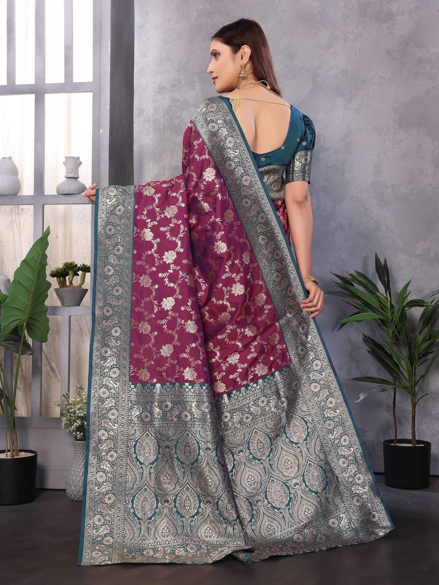 Sonakshi Women's Wine Banarasi Silk Zari Woven Traditional Saree with Blouse | Swadesiicart