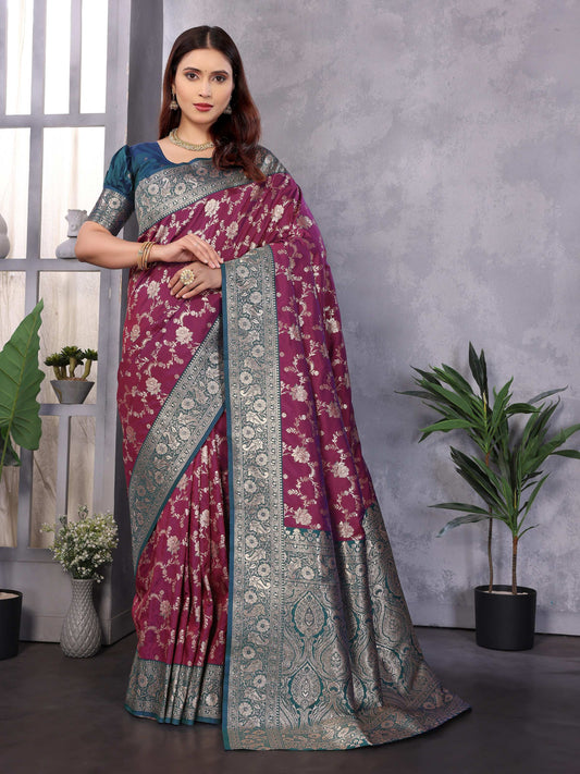 Sonakshi Women's Wine Banarasi Silk Zari Woven Traditional Saree with Blouse | Swadesiicart