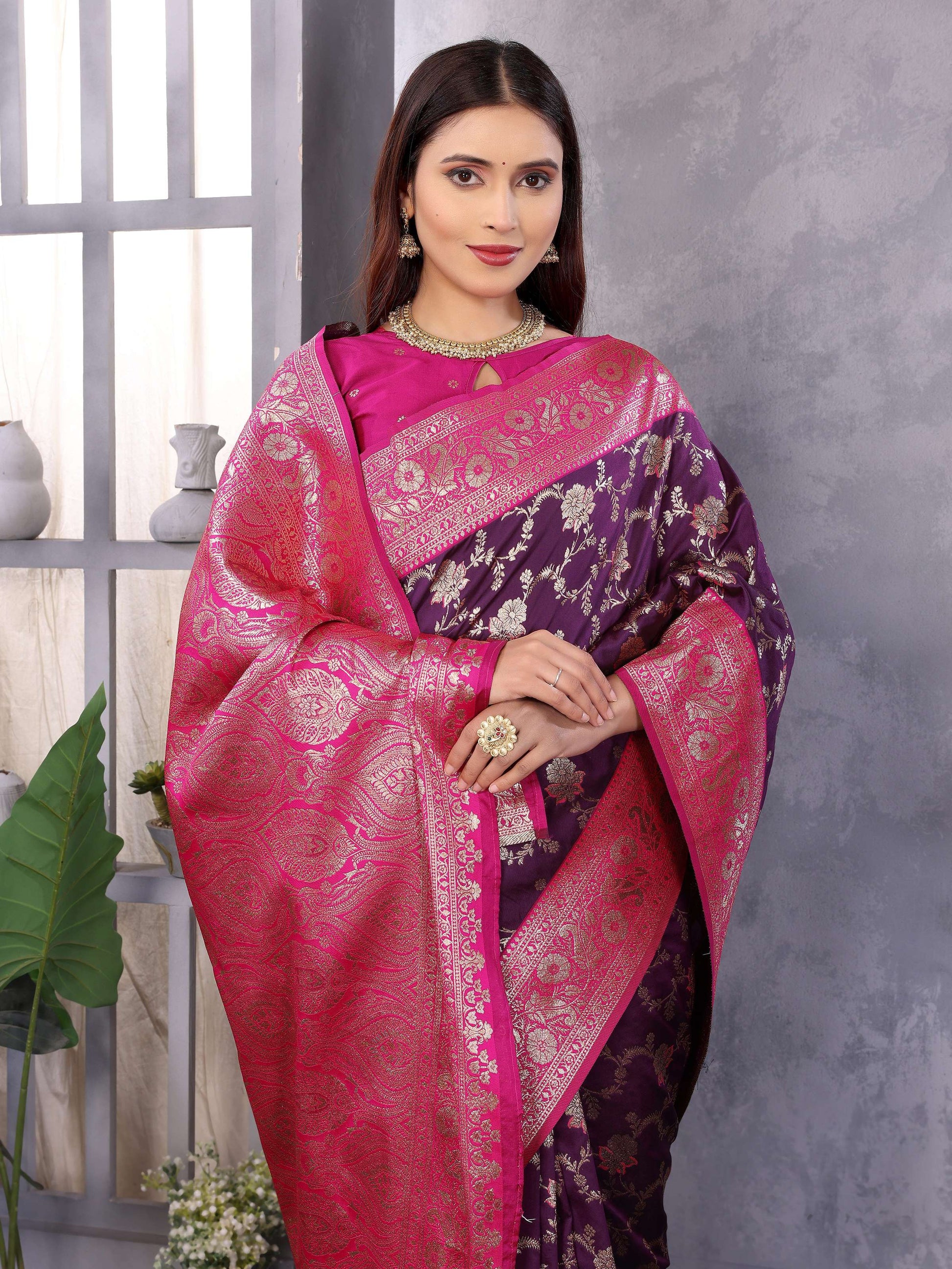 Sonakshi Women's Purple Banarasi Silk Zari Woven Traditional Saree with Blouse | Swadesiicart
