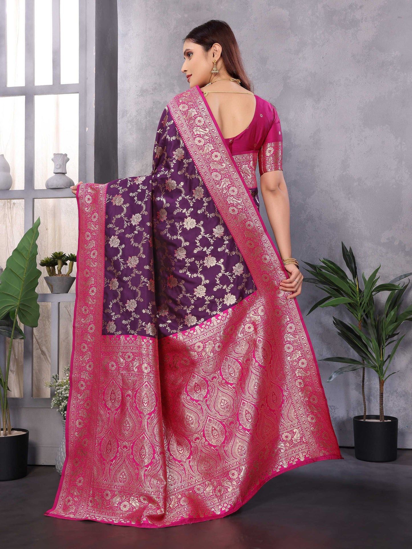 Sonakshi Women's Purple Banarasi Silk Zari Woven Traditional Saree with Blouse | Swadesiicart