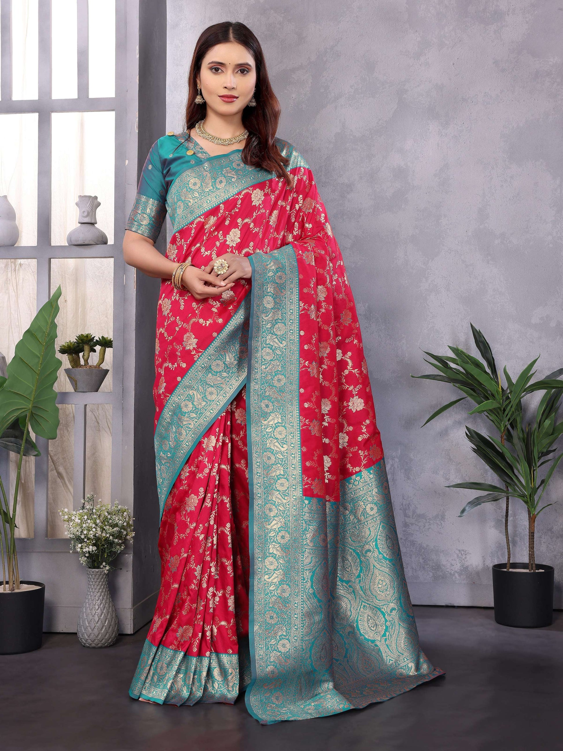 Sonakshi Women's Gajri Banarasi Silk Zari Woven Traditional Saree with Blouse | Swadesiicart