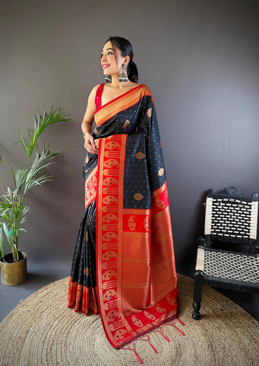 Sonakshi Women's Black Banarasi Silk Zari Woven Traditional Saree with Blouse | Swadesiicart