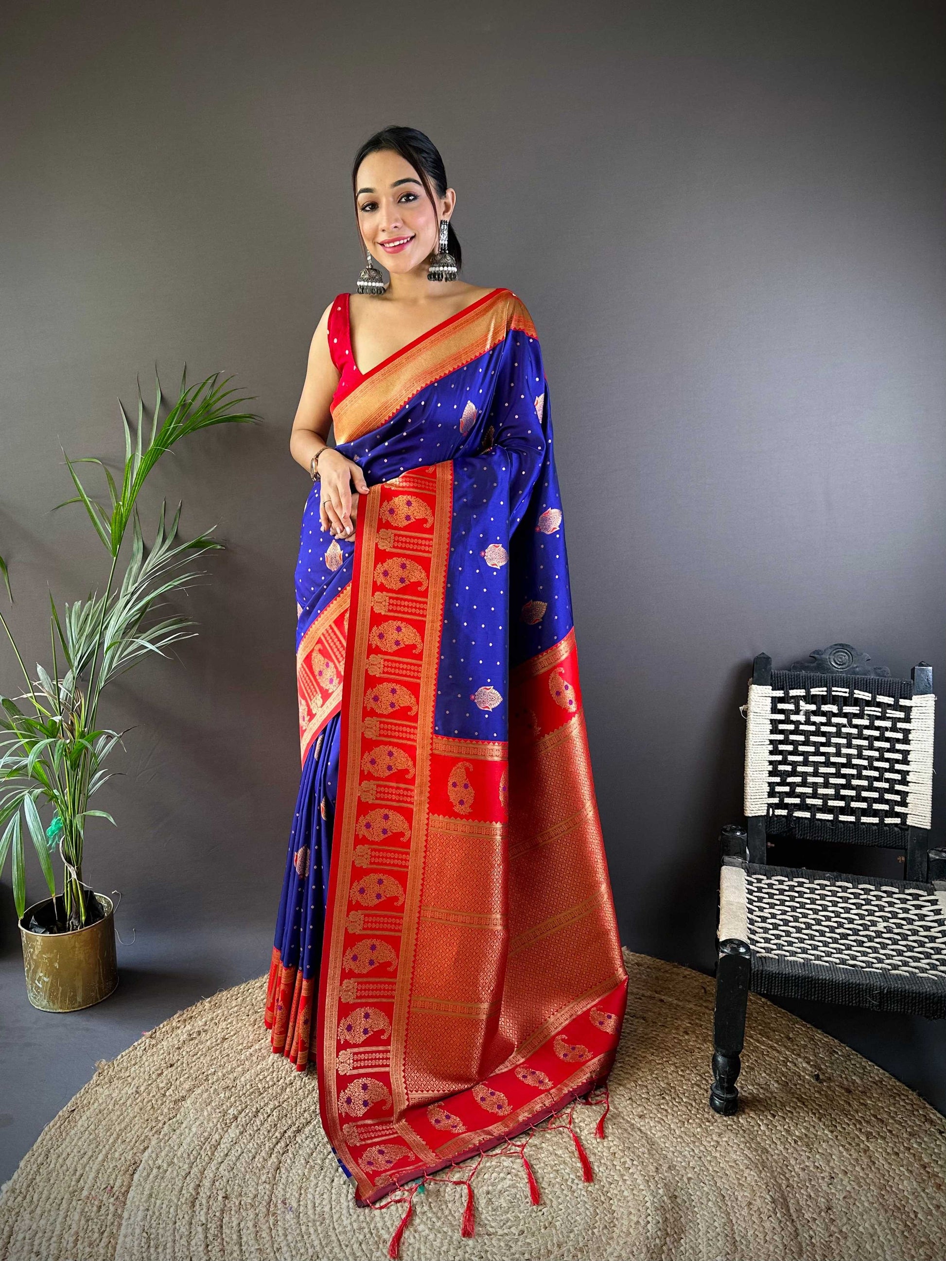 Sonakshi Women's Navy Blue Banarasi Silk Zari Woven Traditional Saree with Blouse | Swadesiicart